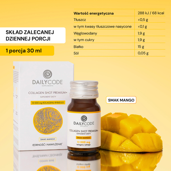 Collagen Shot Premium+, 13 000 mg kolagenu rybiego, 15 szt., smak mango